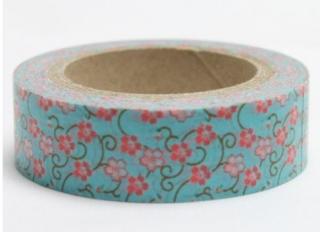 Dekorační lepící páska - WASHI tape-1ks růžové kvítí v tyrkysové