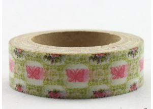 Dekorační lepicí páska - WASHI tape-1ks růžoví motýli v zelené