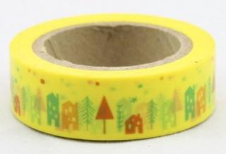 Dekorační lepicí páska - WASHI tape-1ks stromy a domy v žluté
