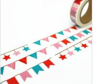 Dekorační lepicí páska - WASHI tape-1ks vlajky, hvězdy barevné