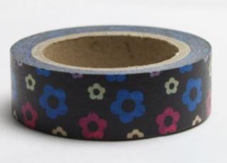 Dekorační lepicí páska - WASHI tape-1ks žluté, modré, růžové kvítí v černé