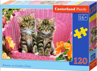 Puzzle 120 dílků - Koťátka na zahradním křesle