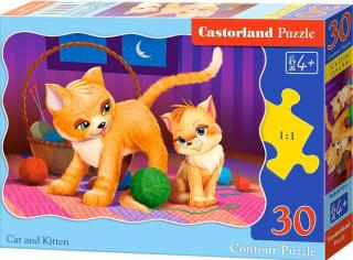 Puzzle 30 dílků - Kočka a její kotě - malované