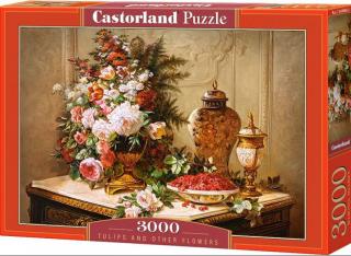 Puzzle 3000 dílků- Tulipány a jiné květiny na stole