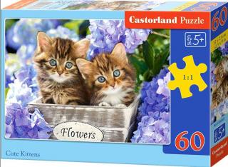 Puzzle 60 dílků- Koťátka ve fialových kvítkách