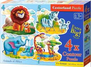 Puzzle sada 4v1-Africká zvířátka-4,5,6 a 7 dílků - pro nejmenší děti