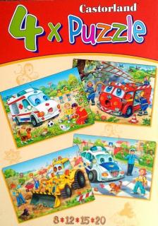 Puzzle sada 4v1 - Veselá vozidla - sada 8,12,15 a20 dílků (4201)
