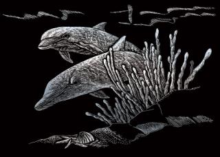 Seškrabovací obrázek - mini - Stříbrný - Delfíni