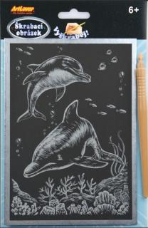 Škrabací obrázek - stříbrný  - delfíni