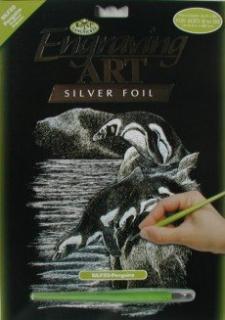 Vyškrabovací obrázek stříbrný 25x20cm- Tučňáci