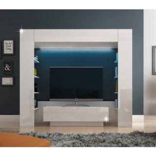 Luxusní TV a media stěna, bílá / bílý extra vysoký lesk s LED osvětlením, MONTEREJ
