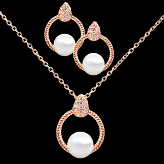 Set náhrdelník a náušnice se zirkony a perlami  rhodiováno rosé