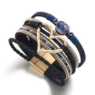 Fashion Jewelry Dámský náramek kožený vícevrstvý Srdce s kamenem modrý