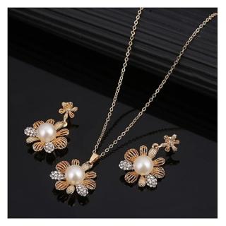 Fashion Jewelry Souprava květy s perlou a krystalky zlatá