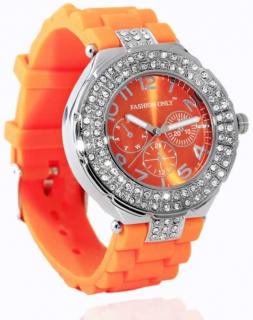 Luxusní hodinky s kamínkama - oranžové