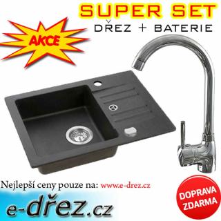 SET Granitový dřez FOX 30 černý + baterie chrom