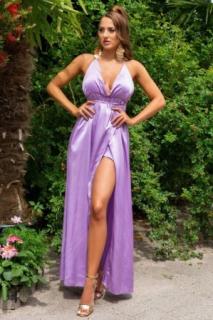 Dlouhé letní společenské šaty s rozparkem, odhalená záda, fialové 10820