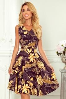 Luxusní krátké společenské šaty s volnou sukní pod kolena, zlaté listy 10923
