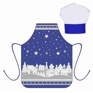 Kuchyňská zástěra dětská s kuchyňskou čepicí - VESNIČKA MODRÁ barva: vesnička modrá