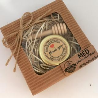 Květový med mini 30g s naběračkou v krabičce Základní design: ANGLICKÁ ETIKETA na víčku