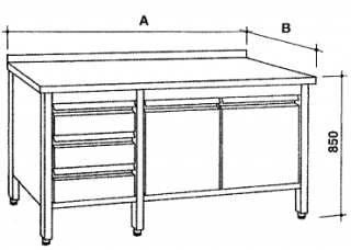 Nerezový skříňový stůl se zásuvkami a křídlovými dvířky Hloubka: 600 mm, Šířka: 2800 mm