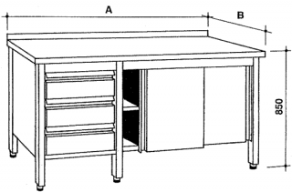 Nerezový skříňový stůl se zásuvkami a posuvnými dvířky Hloubka: 800 mm, Šířka: 2800 mm