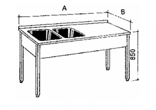 Nerezový stůl mycí a 2 lisované vany Hloubka: 600 mm, Rozměr dřezu: 400/400/250 mm, Šířka: 1800 mm