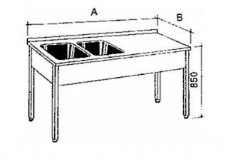 Nerezový stůl mycí a 2 lisované vany Hloubka: 600 mm, Rozměr dřezu: 400/400/250 mm, Šířka: 2000 mm