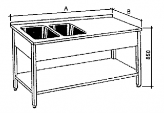 Nerezový stůl mycí s policí a 2 lisované vany Hloubka: 600 mm, Rozměr dřezu: 400/400/250 mm, Šířka: 1200 mm