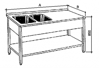 Nerezový stůl mycí s policí a 2 lisované vany Hloubka: 800 mm, Rozměr dřezu: 500/500/250 mm, Šířka: 2600 mm