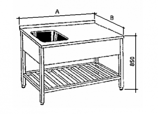 Nerezový stůl mycí s roštovou policí a 1 lisovaná vana Hloubka: 700 mm, Rozměr dřezu: 500/500/250 mm, Šířka: 800 mm