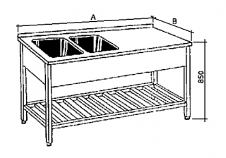 Nerezový stůl mycí s roštovou policí a 2 lisované vany Hloubka: 600 mm, Rozměr dřezu: 400/400/250 mm, Šířka: 1200 mm