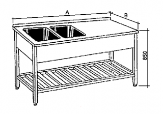 Nerezový stůl mycí s roštovou policí a 2 lisované vany Hloubka: 800 mm, Rozměr dřezu: 500/500/250 mm, Šířka: 1400 mm