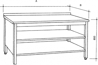 Nerezový třístranně uzavřený stůl se 2 policemi Hloubka: 600 mm, Šířka: 2600 mm