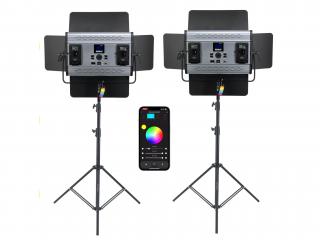 KOMPLETNÍ SESTAVA - 2 x Ultravýkonné RGB LED filmové světlo Redhead RGB-150  336W výkon setu, RGB režim, Smartphone App, 7000 Lx