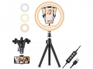 Kruhové Ring light světlo 10" + Octopus stativ a držák pro smartphone  3000K-6500K, Octopus stativ, držák pro smartphone