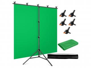 Zelené plátno (green screen) + T-stativ + 5 svorek  Materiál lze jednoduše vyžehlit (tkaná látka)