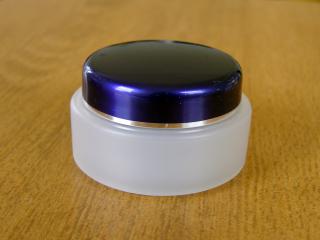 Kosmetická doza 30 ml dvouplášťová skleněný efekt modré víčko stříbrný proužek