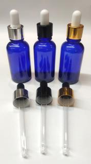 Lahvička skleněná modrá s kapátkem - 30 ml barva kapátka: stříbrná objímka, černá gumička