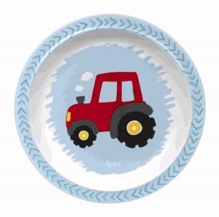 Melamin baby talířek červený traktor a silikonem  (21,5 cm)