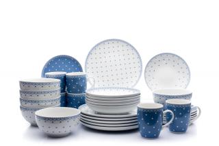 Jídelní souprava, Kodaň, modré puntíky, karlovarský porcelán, Thun, 30 d.