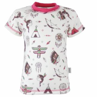 Dětské rostoucí merino tričko Crawler krátký rukáv Indiáni na smetanové/růžová 122-128