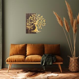 Nástěnná dekorace dřevo kov TREE ořech zlatá