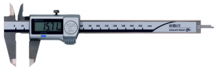 Digitální posuvné měřítko 0-150 mm, IP-67, s výstupem dat, s posuvovým kolečkem, čelisti pro vnější měření osazené tvrdokovem