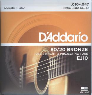 D'Addario EJ10, 80/20 Bronze Acoustic Guitar Strings, Extra Light (.010 - .047)