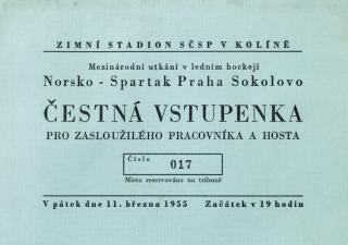 Čestná vstupenka Norsko v. Spartak Praha Sokolovo, hokej, 1955