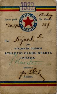 Členská legitimace Athletic clubu Sparta, 1932