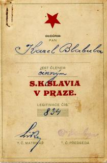 Členská legitimace P.T. klubu S.K.SLAVIA PRAHA  z roku 1924