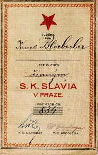 Členská legitimace P.T. klubu S.K.SLAVIA PRAHA  z roku 1925-27