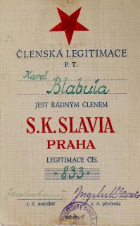 Členská legitimace P.T. klubu S.K.SLAVIA PRAHA  z roku 1937-39